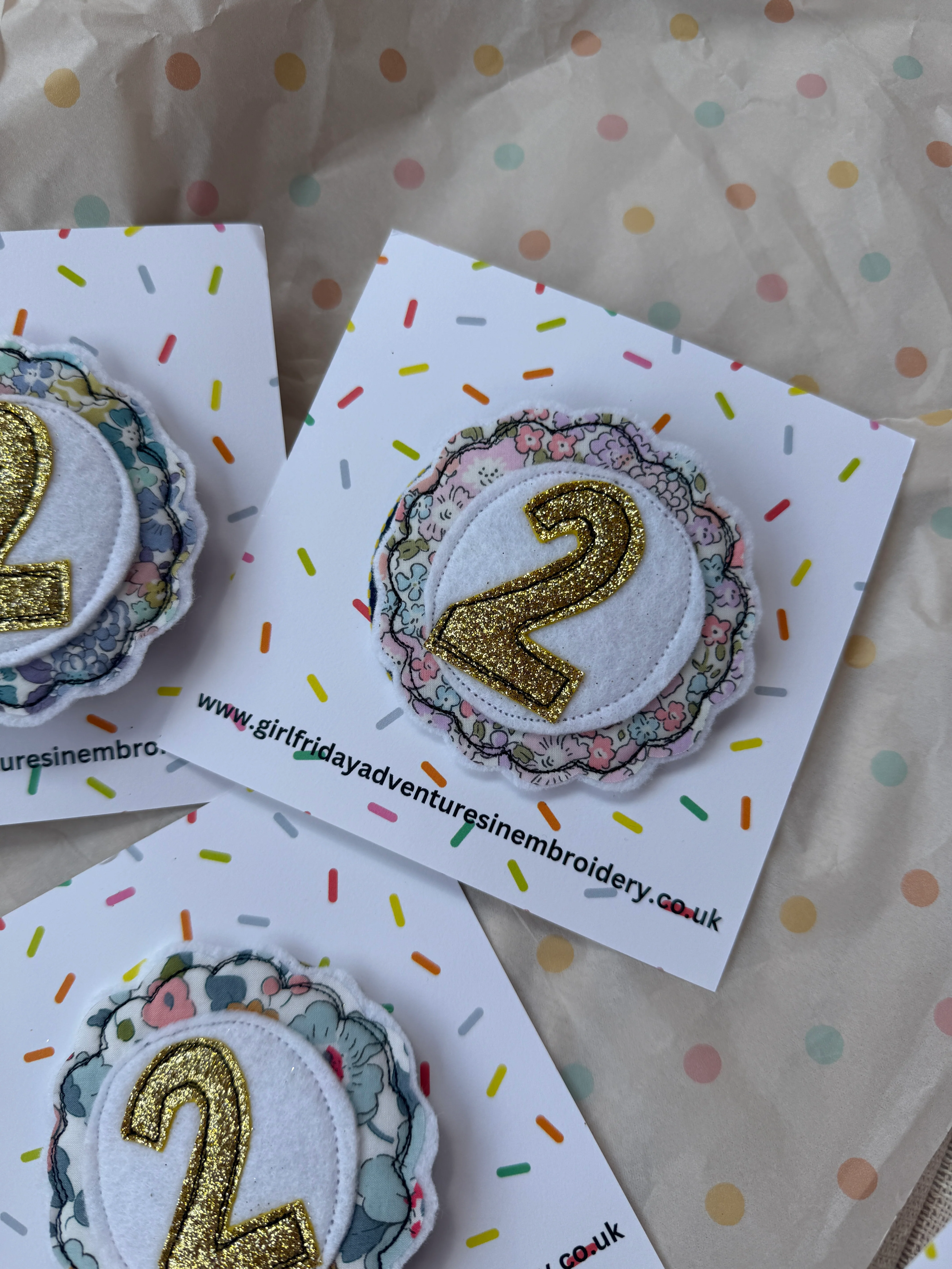 Girl Friday Embroidery Glitter Liberty Print number birthday badge - Age 2 - Image 3