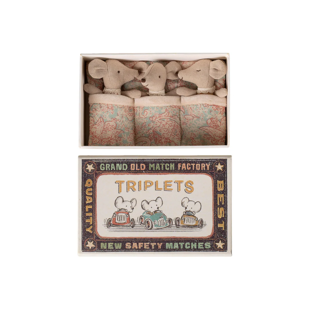 Maileg Baby Mouse Triplets in Matchbox – Checker - Image 2