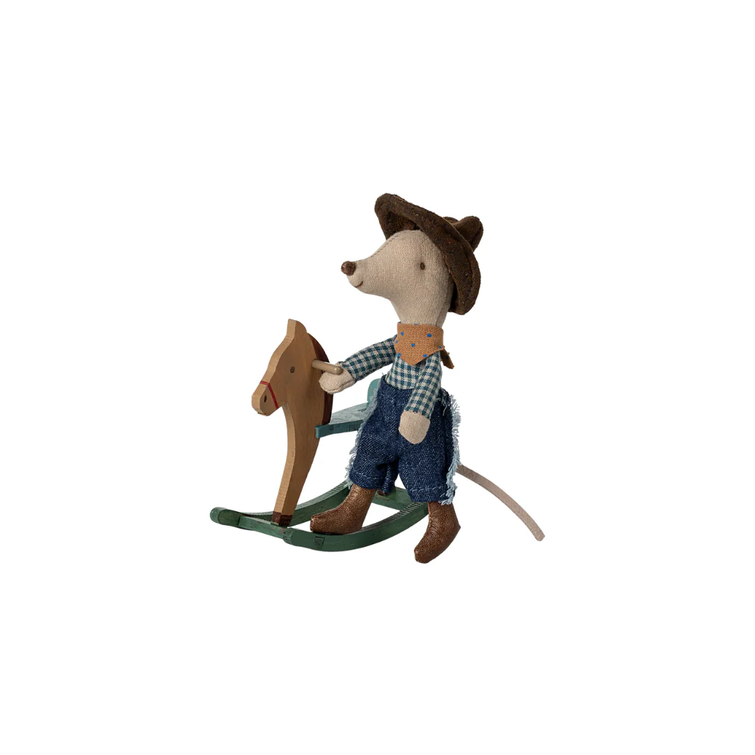Maileg Cowboy mouse on rocking horse, Little brother